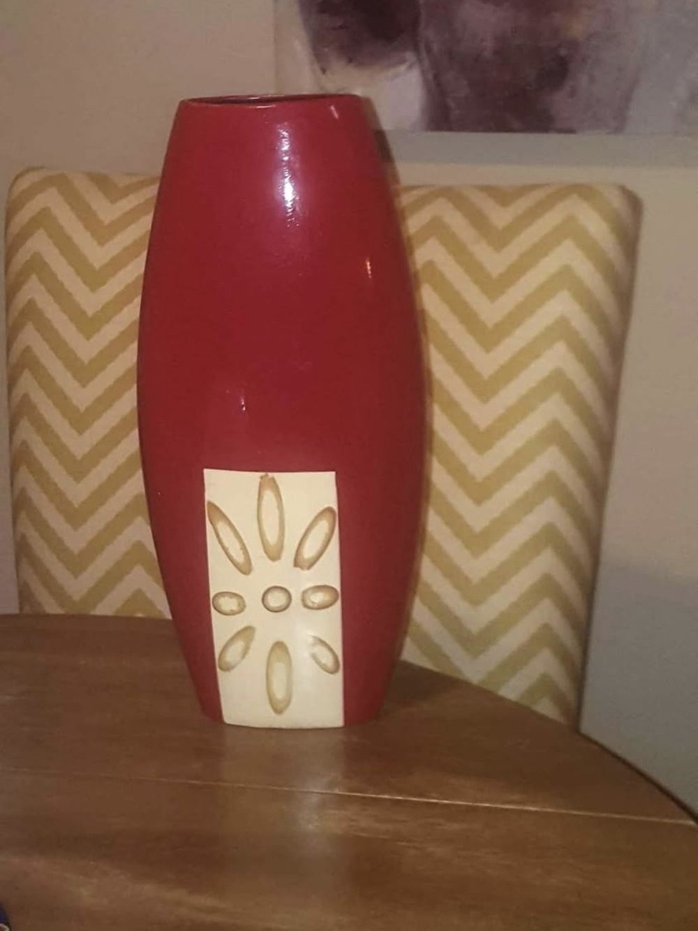 Boho- Gloss Red Ceramic Vase with Cream Floral Inlay